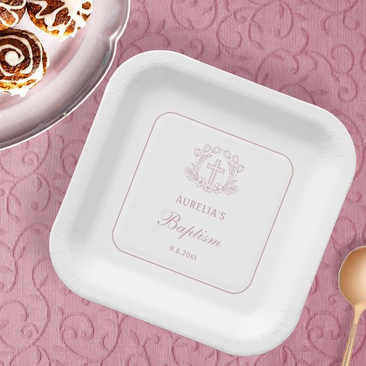 Eenvoudige Bloemen Roze Kruis doopplein Papieren Bordje