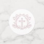 Eenvoudige Bloemen Roze Kruis Dooptafel Confetti (Kleine voorkant)