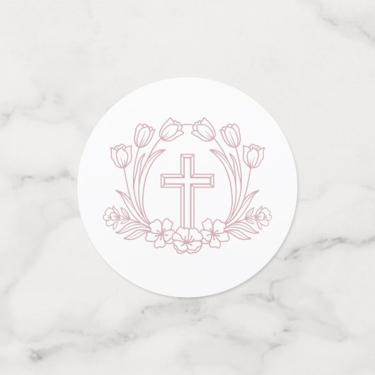 Eenvoudige Bloemen Roze Kruis Dooptafel Confetti (Kleine voorkant)