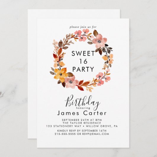 Eenvoudige Bloemen Sweet 16 Verjaardag Uitnodiging (Voorkant / Achterkant)