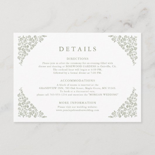 Eenvoudige Bloemen Tijdloze Sage Groene bruiloft D Informatiekaartje (Voorkant)
