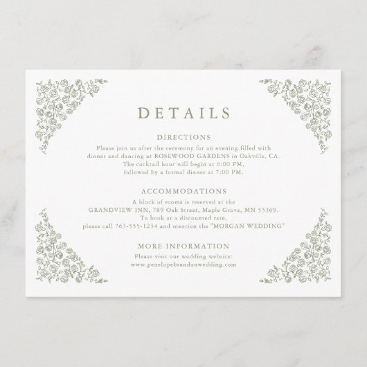 Eenvoudige Bloemen Tijdloze Sage Groene bruiloft D Informatiekaartje (Voorkant)