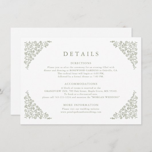 Eenvoudige Bloemen Tijdloze Sage Groene bruiloft D Informatiekaartje (Voorkant / Achterkant)