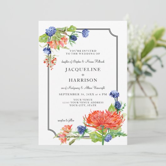 Eenvoudige Bloemen Waterverf Herfst Oranje Blauwe  Kaart (Staand voorkant)