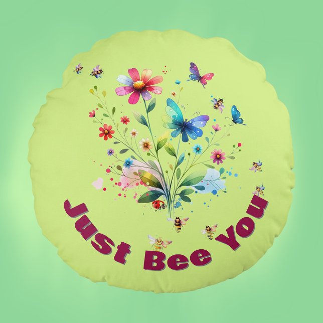 Eenvoudige Bloemen Waterverf Monogram Bijen op gro Rond Kussen (Creator heeft geüpload)