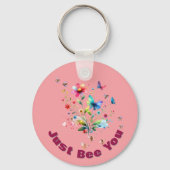 Eenvoudige Bloemen Waterverf Monogram Bijen op roz Sleutelhanger (Voorkant)