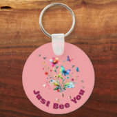 Eenvoudige Bloemen Waterverf Monogram Bijen op roz Sleutelhanger (Voorkant)