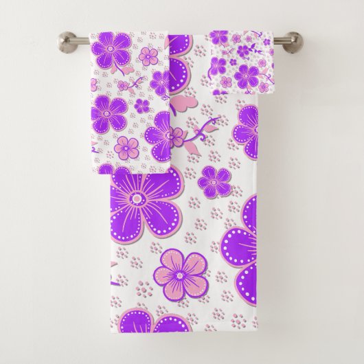 Eenvoudige Bloemen Waterverf Print Paarse en Roze Bad Handdoek (Insitu)