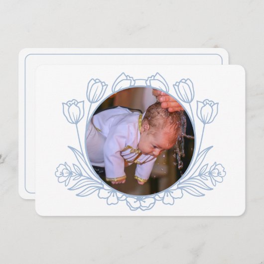 Eenvoudige Bloemen Wit Blauw Doopsel Dank u kaart (Voorkant / Achterkant)