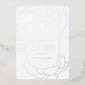 Eenvoudige Bloemen Zilver Wit Aquamarijn Doop Foli Folie Uitnodiging (Voorkant)