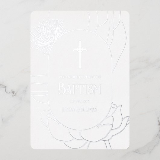 Eenvoudige Bloemen Zilver Wit Aquamarijn Doop Foli Folie Uitnodiging (Voorkant)