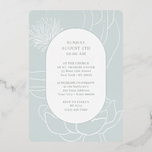 Eenvoudige Bloemen Zilver Wit Aquamarijn Doop Foli Folie Uitnodiging (Achterkant)