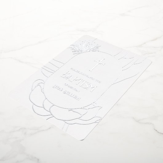 Eenvoudige Bloemen Zilver Wit Aquamarijn Doop Foli Folie Uitnodiging (Gedraaid)