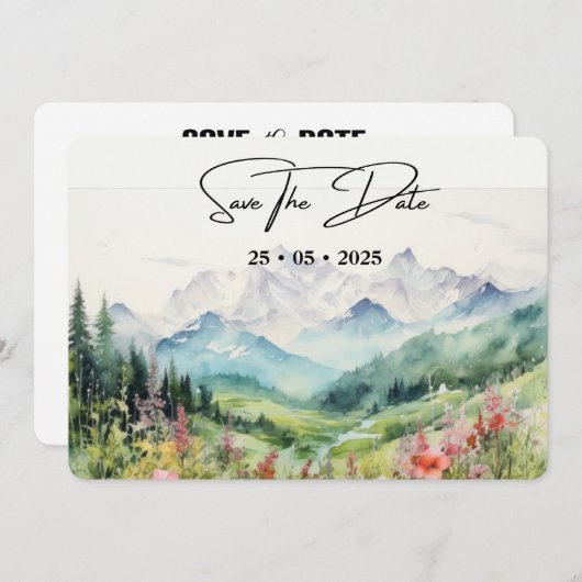 Eenvoudige bloemenberg horizontaal save the date (Voorkant / Achterkant)