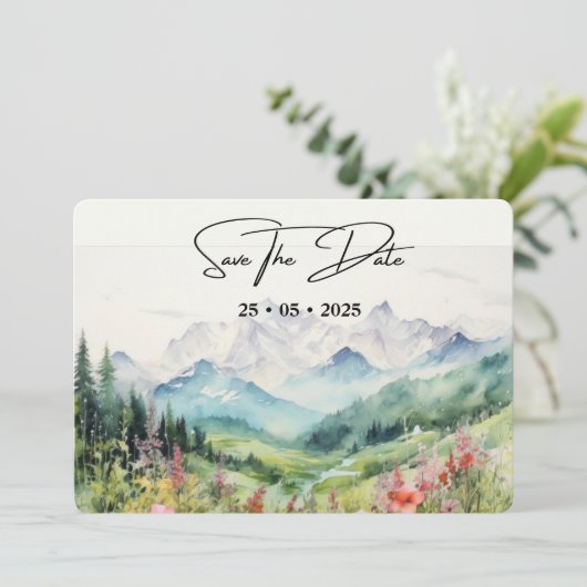 Eenvoudige bloemenberg horizontaal save the date (Staand voorkant)