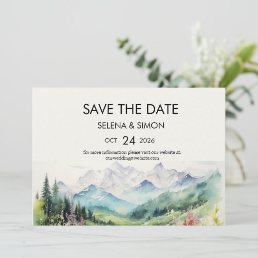 Eenvoudige bloemenberg horizontaal save the date (Staand voorkant)