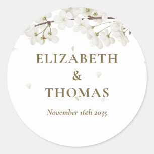 Eenvoudige bloemenbruiloft  witte bloesem gunst ronde sticker