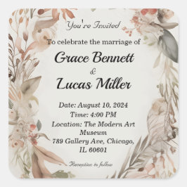 Eenvoudige bloemengeschilderde zachte bruiloft uit vierkante sticker