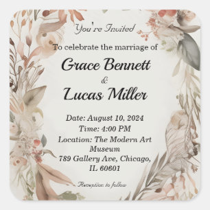 Eenvoudige bloemengeschilderde zachte bruiloft uit vierkante sticker