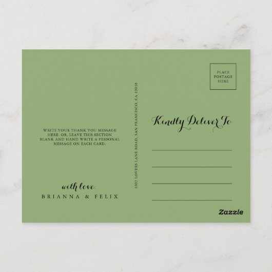Eenvoudige bloemengroene bladkalligrafie dank u briefkaart (Achterkant)