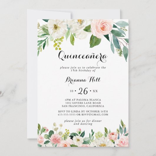 Eenvoudige bloemengroene kalligrafie Quinceañera Kaart (Voorkant)