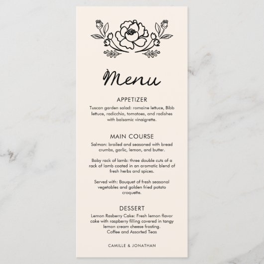 Eenvoudige bloemenhand getrokken bruiloft menu (Voorkant)