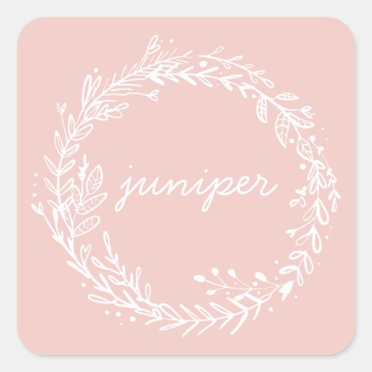 Eenvoudige bloemenkrans initiaal geboorte aankondi vierkante sticker (Voorkant)