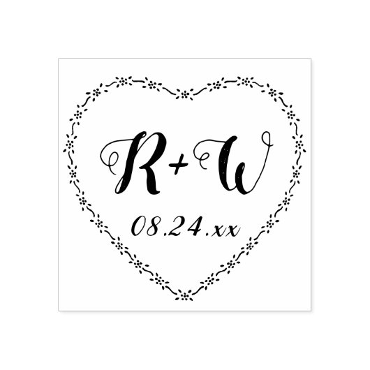 Eenvoudige bloemenkrans met hart Houten trouwmonog Rubberstempel (Afrduk)