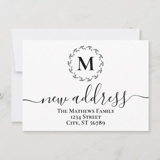 Eenvoudige bloemenkrans monogram nieuw adres aankondiging (Voorkant)