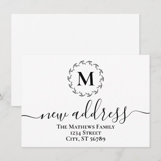 Eenvoudige bloemenkrans monogram nieuwe adres  aankondiging (Voorkant / Achterkant)