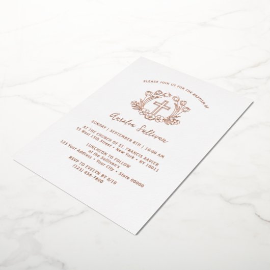 Eenvoudige bloemenkruis doop Folie Folie Uitnodiging (Gedraaid)