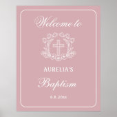 Eenvoudige Bloemenkruis op Roze Doop Welkom Poster (Voorkant)