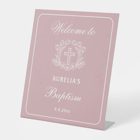 Eenvoudige Bloemenkruis op Roze Doop Welkom Reclamebord Met Voetstuk (Voorkant)