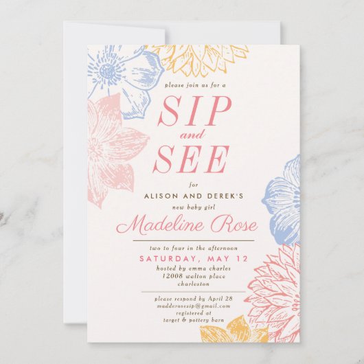 Eenvoudige bloemenroze meisje sip en zie Baby show Kaart (Voorkant)