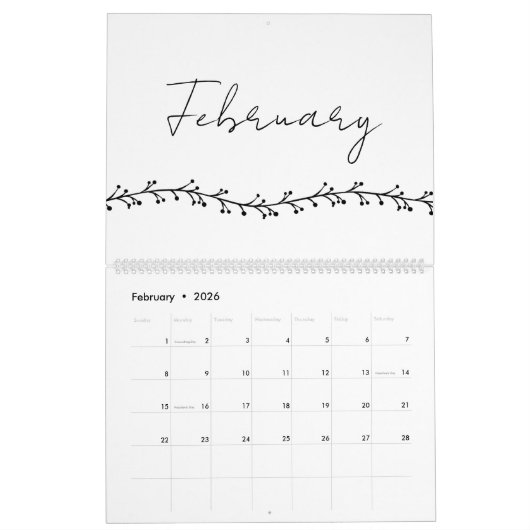 Eenvoudige bloementakken handschrift Kalender (Feb 2026)