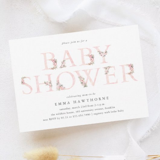 Eenvoudige bloementypografie Roze Baby shower Kaart