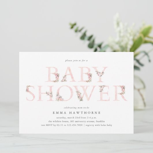 Eenvoudige bloementypografie Roze Baby shower Kaart (Staand voorkant)