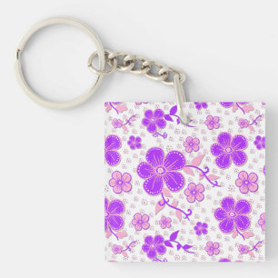 Eenvoudige bloemige aquarelprint paars en roze sleutelhanger