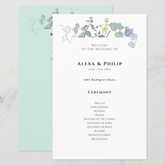 Eenvoudige bloemige minimalistische trouwprogramma (Voorkant / Achterkant)