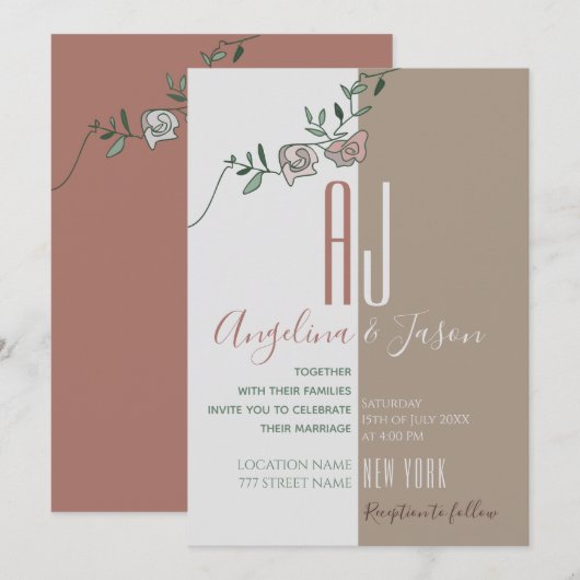 Eenvoudige Bloemige Roze Groen Terracotta Bruiloft Kaart (Voorkant / Achterkant)