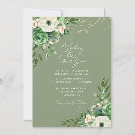 Eenvoudige bloemige saliegroene bruiloft kaart (Voorkant)
