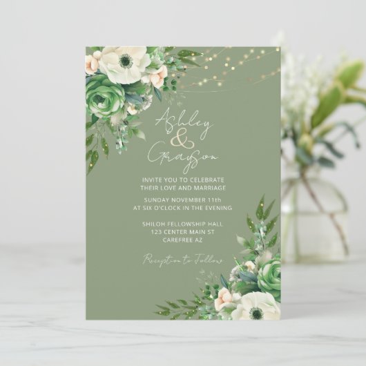 Eenvoudige bloemige saliegroene bruiloft kaart (Staand voorkant)
