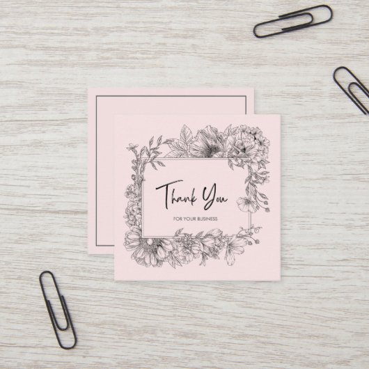 Eenvoudige Bloemlijn Art Grijs Roze QRCode Dank u Vierkante Visitekaartje (Voorkant / Achterkant in situ)
