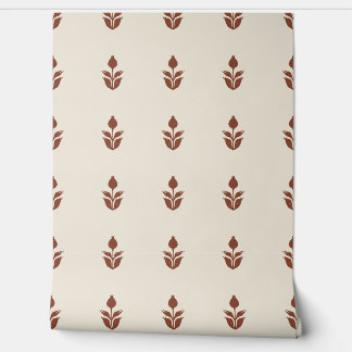 Eenvoudige blokdruk Bloemen - Beige en Auburn Rood Behang