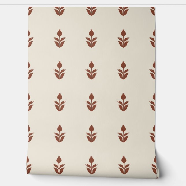 Eenvoudige blokdruk Bloemen - Beige en Auburn Rood Behang (Afrollen)