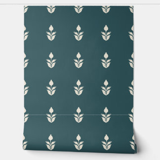 Eenvoudige Blokprint Bloem Erfgoed Donker Tealblau Behang