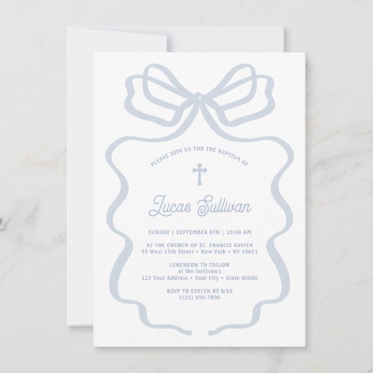 Eenvoudige Blue Bow doop uitnodiging (Voorkant)