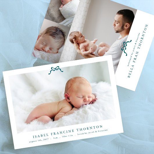 Eenvoudige Blue Bow Foto baby Geboorte Aankondiging