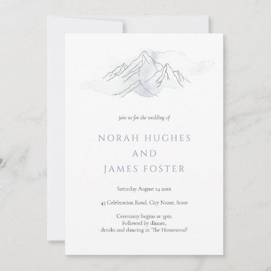 Eenvoudige Blue Waterverf Mountain Natuur bruiloft Kaart (Voorkant)