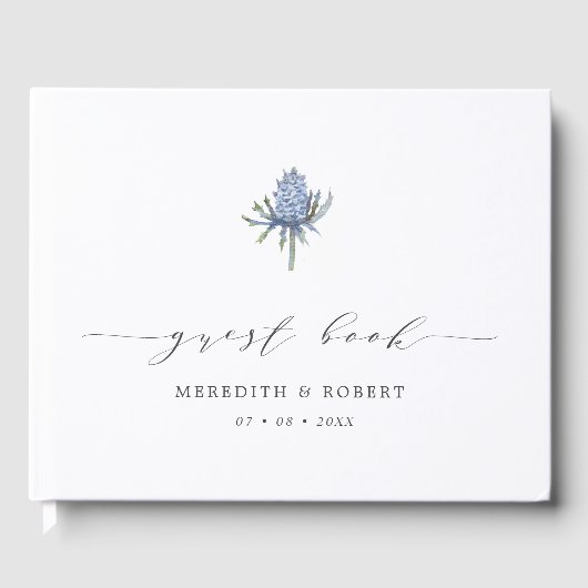 Eenvoudige Blue Waterverf Thistle Script Wedding Gastenboek (Voorkant)